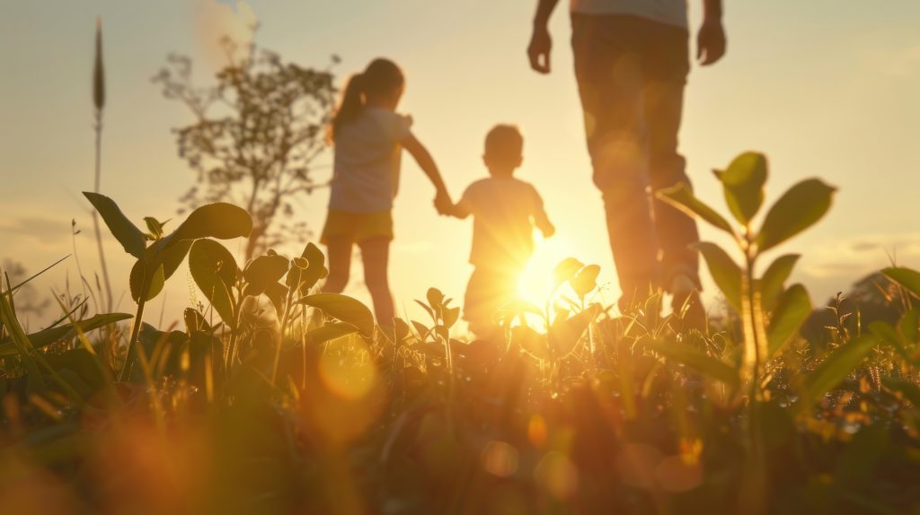 Parent and two children walking together in a field at sunset